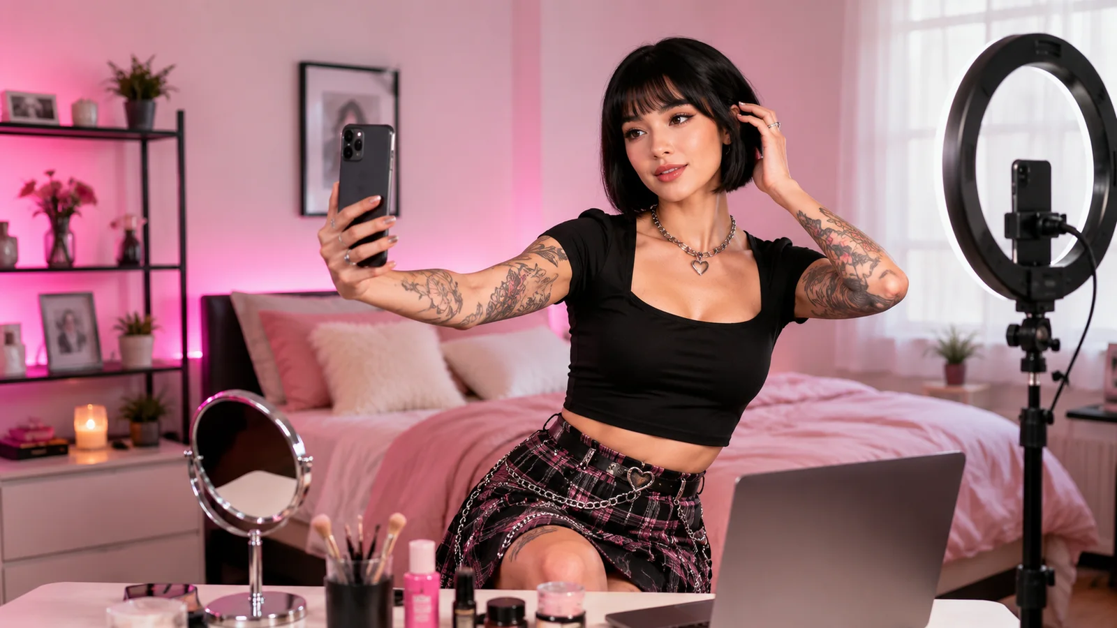 Content creator in a stylish pink creator studio